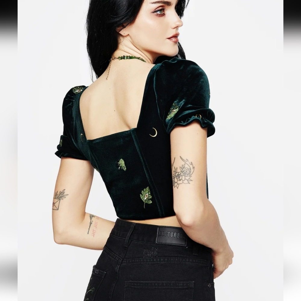 Disturbia Swamplife Frog Embroidered Velour Puff Sleeve Corset Top Dark Green - Picture 3 of 5